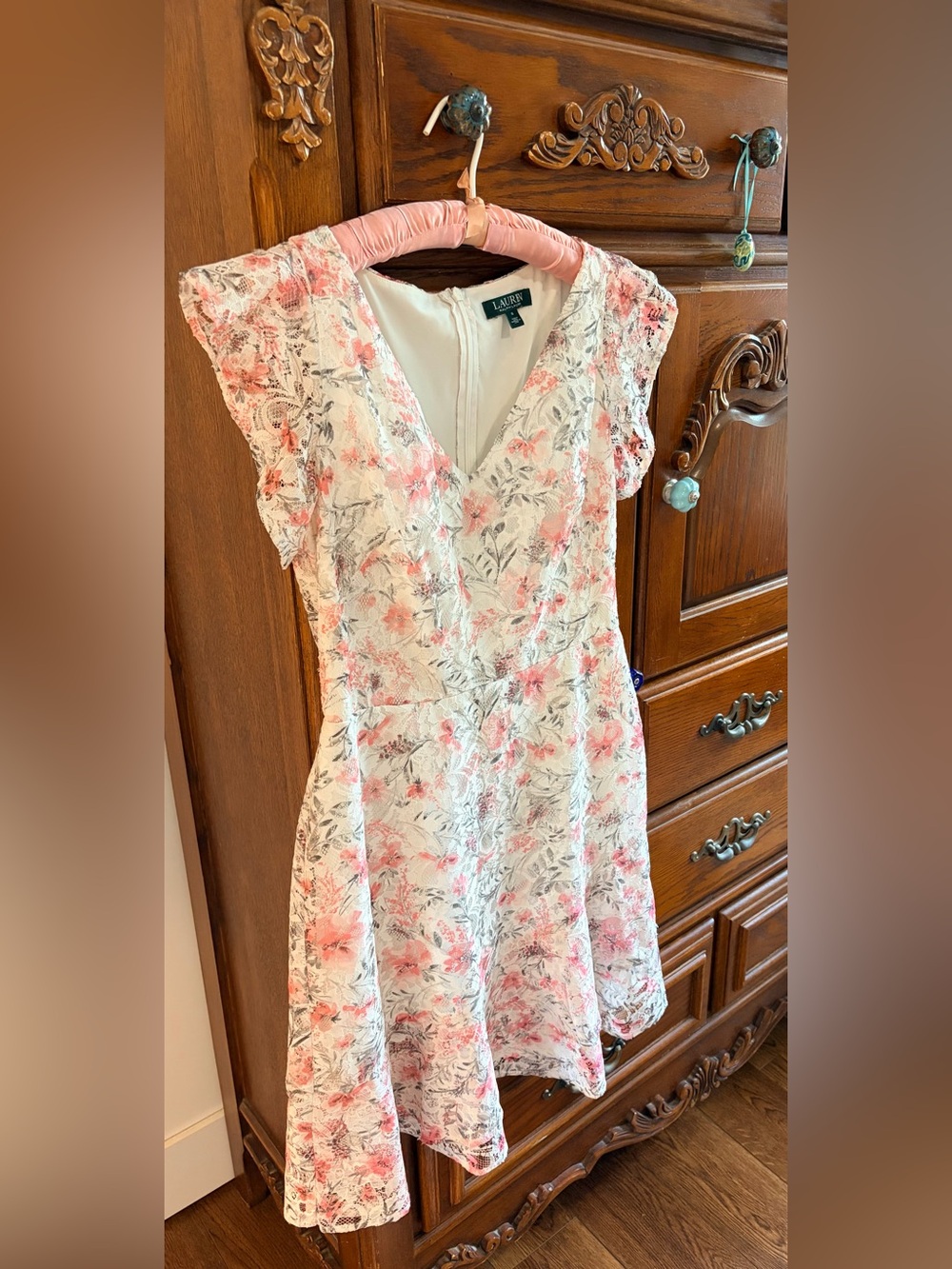 LAUREN by Ralph Lauren White & Pink Floral Lace Fit-and-Flare Dress